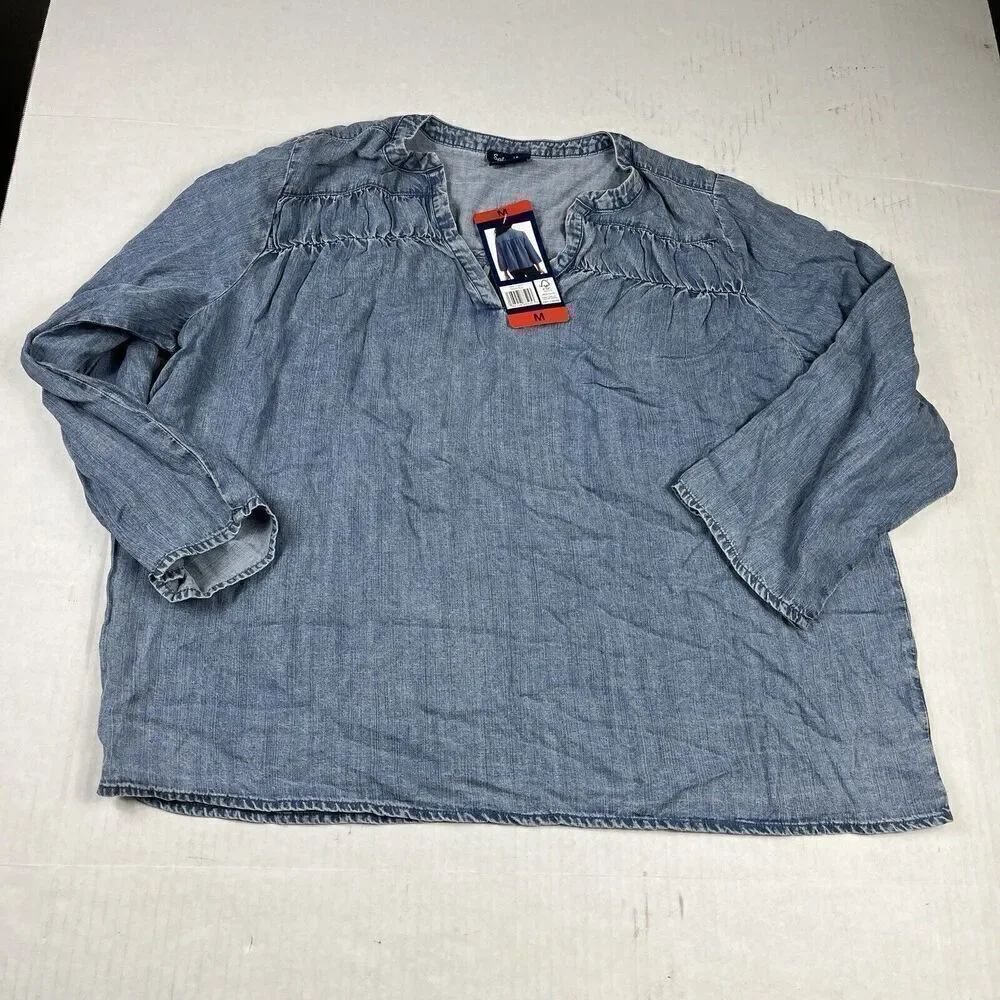 Splendid Chambray Shirt Blue 3/4 Sleeve V-Neck Casual Soft Denim Top MEDIUM NEW